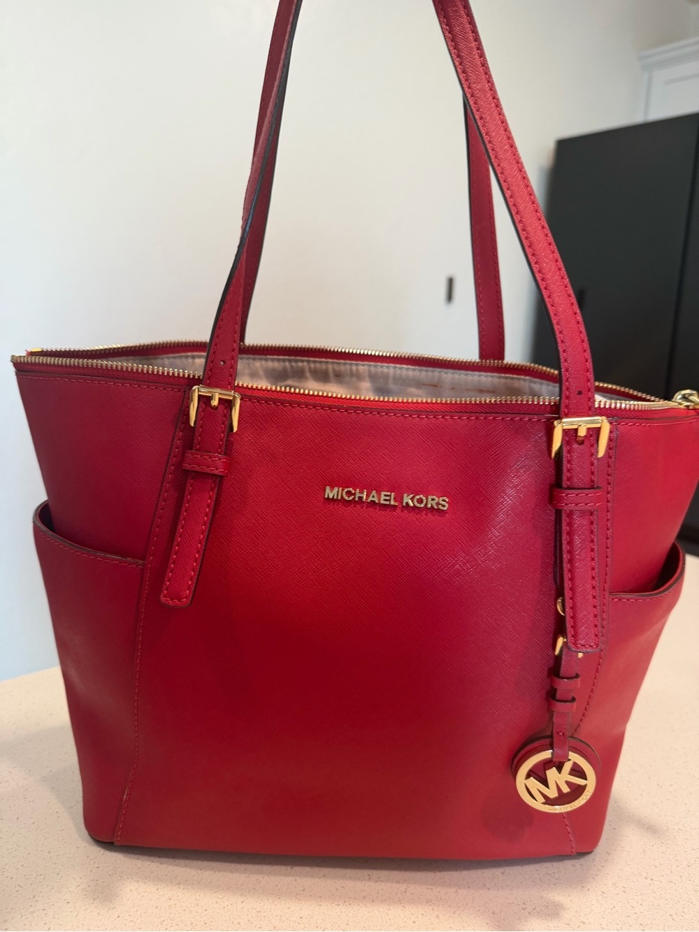 Michael Kors Red Saffiano Leather Tote with Gold Accent